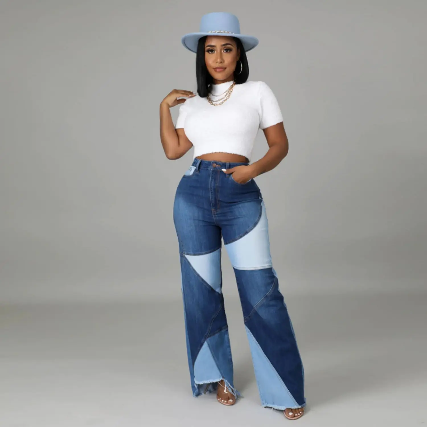 

Women Denim Stretchy Patchwork Wide Leg Pants Jeans