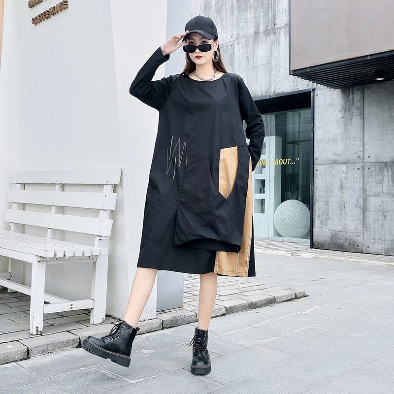 

220844 Vintage Irregular Dress Fashion Women Pullover Long Sleeve Goddess Fan Casual 2022 Autumn Minority Loose Dress