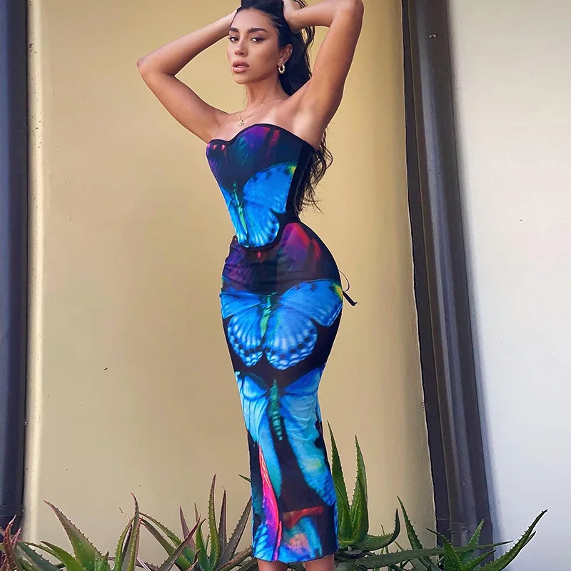 

Butterfly Print Corset Top And Skirt 2 Pieces Set 2023 Summer Vacation Beach Outfits Strapless Backless Mesh Long Skirt Sets