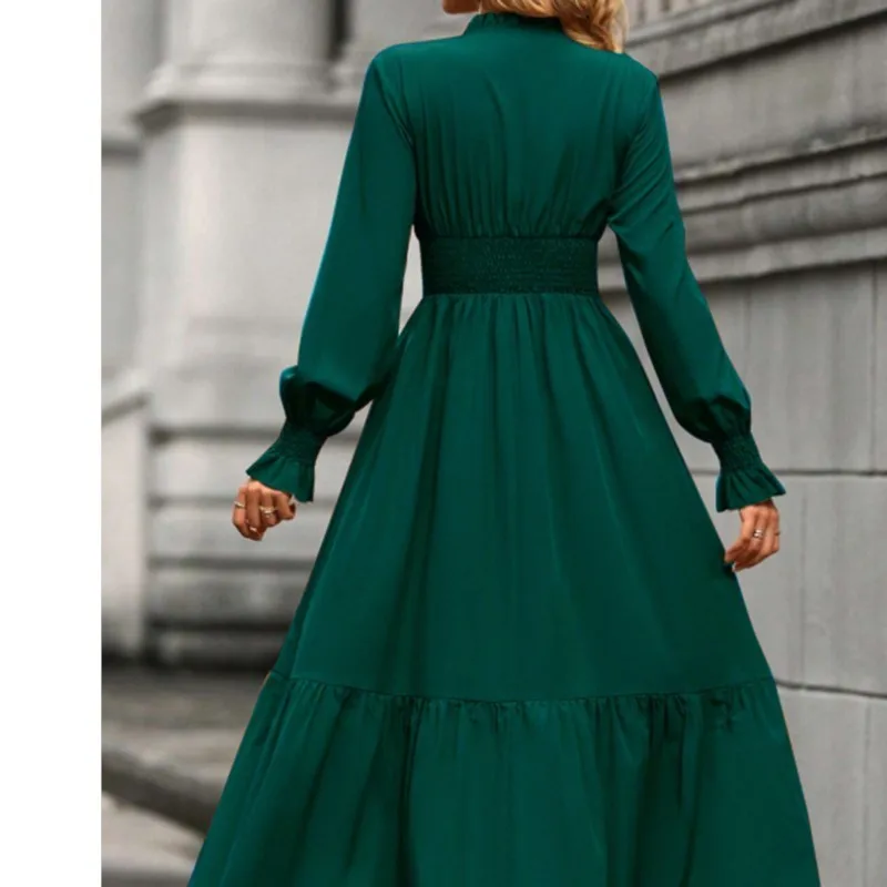 Elegant Ladies Dress Solid Color V-neck Pullover Lantern Sleeve A-line Folded Waist Long Sleeved 2024 Autumn New Item