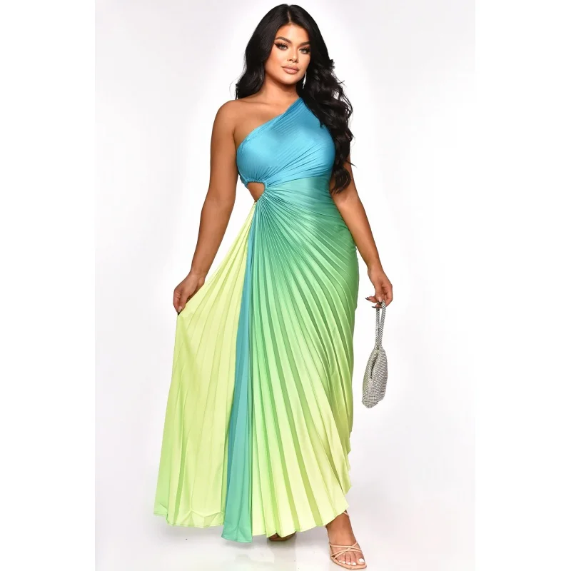 

2023 New Gradient Print Pleated Dress Women Sexy One Shoulder Roll Waist Sleeveless Ruched A-line Dresses Fashion Evening Robe