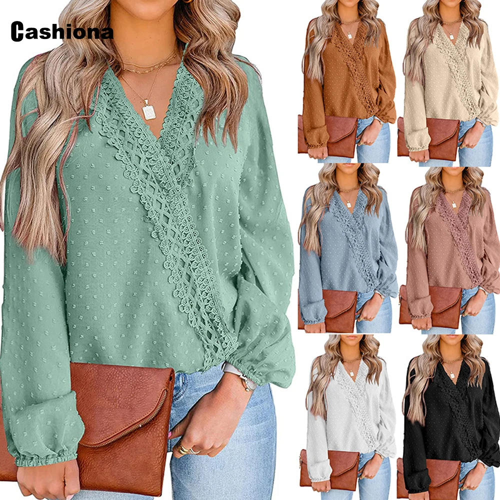 

Women's Chiffon Shirt Blusas Long Sleeve Blouse Women Elegant Basic Top Pullovers 2022 Sexy Embroidery Lace Shirts Clothing