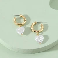 ins popular hammered metal circle white imitation pearl earrings for women charm hoop earrings