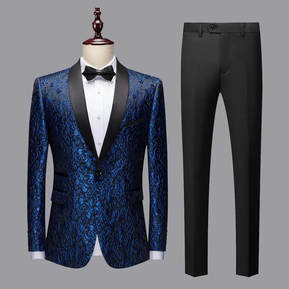 

2Pcs/Set Stage Performance Suit Two Piece Suit Single Buckle Shining Long Sleeve Skin-touch Party Wearing Polyester Stage Perfor