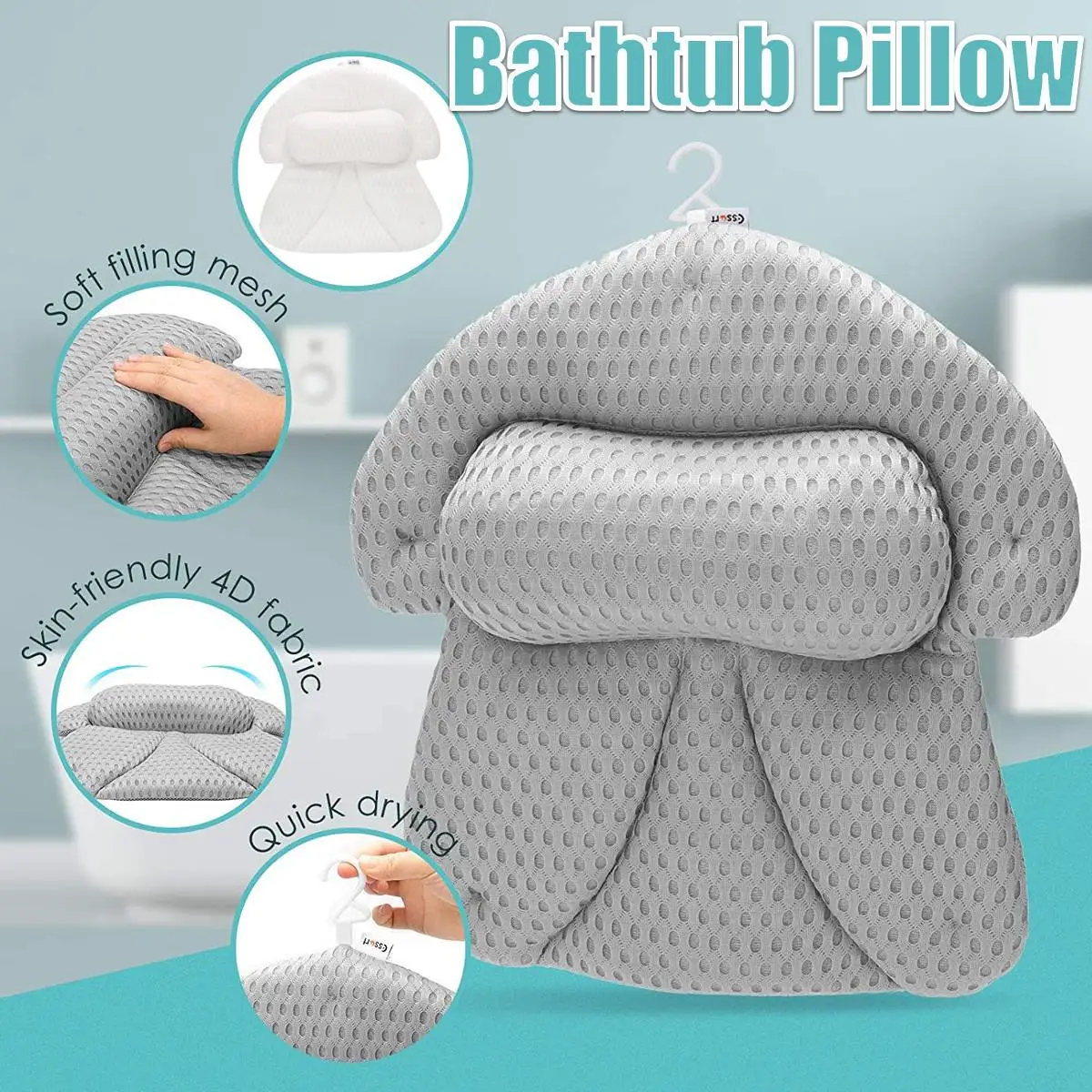 

4D Bath Pillow Mesh Bathtub Non-Slip Pillow with 6 Suction Cups 1 Hook for Bathing Bathroom Spa Head Neck Rest Comfort Cushion