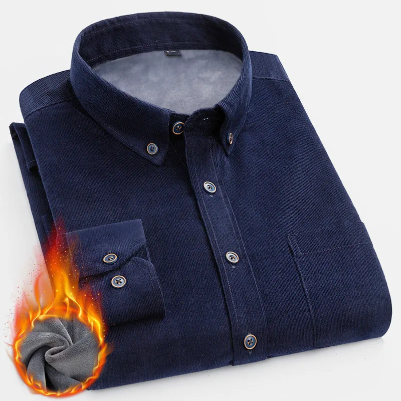Winter Wear Men Navy Blue Corduroy Shirt Large Size Thick Fluffy Warm Cotton Casual Shirt Male Long Sleeve Boys Shirt Men Top