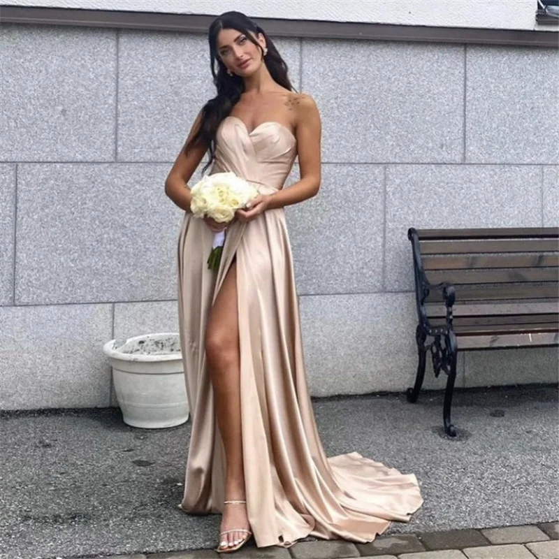 

Новинка 2024, платья подружек невесты, трапециевидные платья до пола с разрезом сбоку, шелковые атласные Плиссированные Свадебные платья подружек невесты со шнуровкой сзади