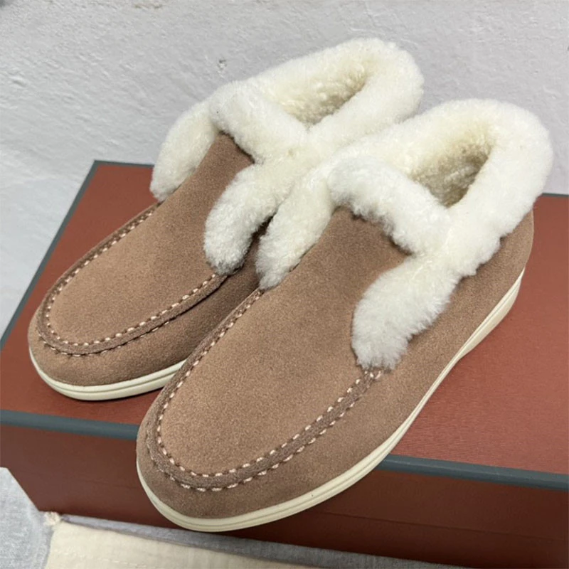 

Real Wool Snow Boots Women Suede Flat Fur Winter Shoes Ladies High Top Khaki Woolen Warm Ankle Boots Designer botas femininas.