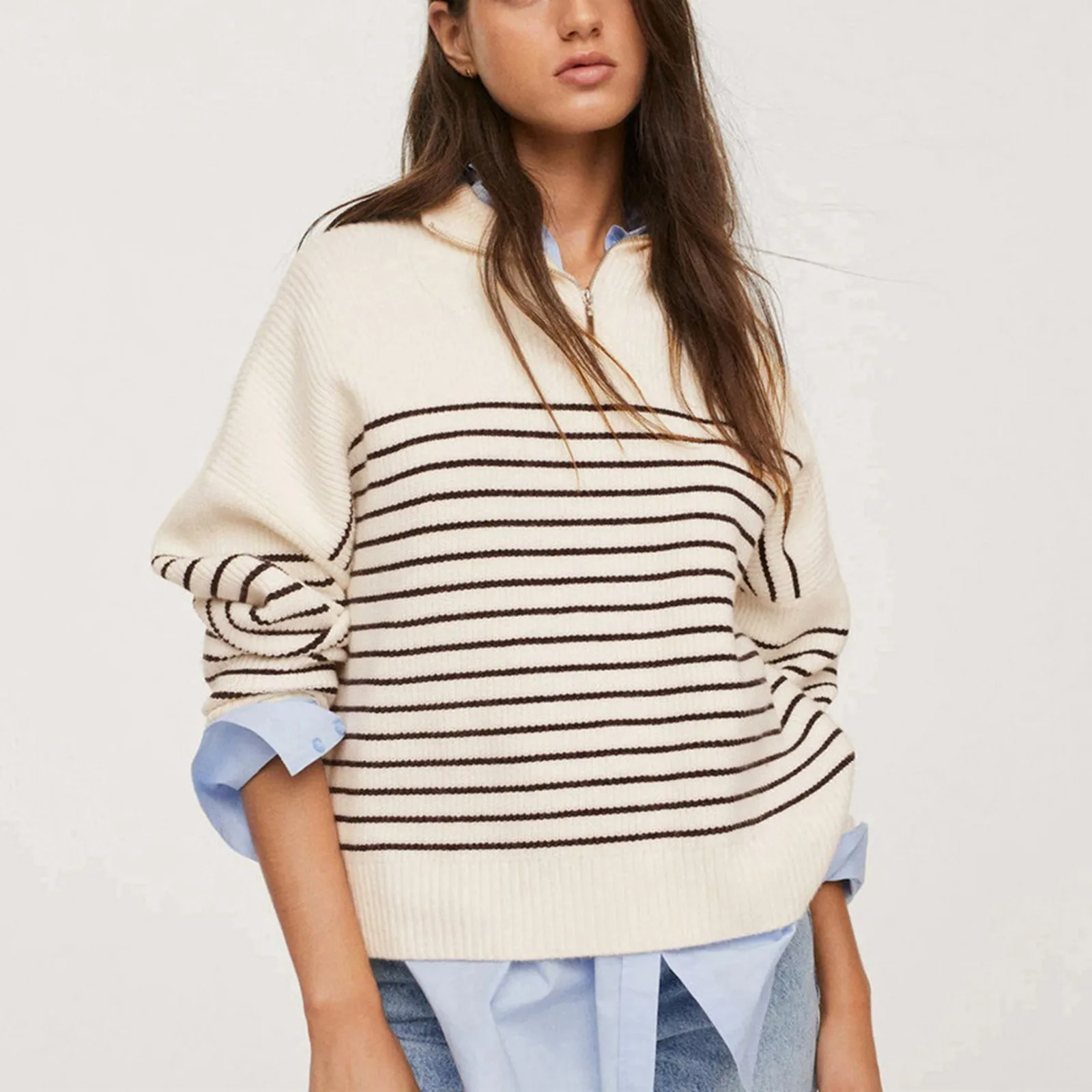 

Heavy Sweatshirt Women's Zipper Striped Sweater Pullover For Autumn And Winter