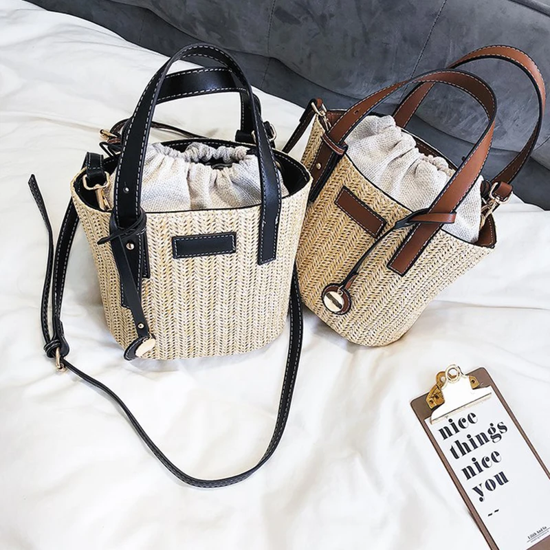 Fashion Weave Straw Bucket Bag Women Crossbody Bags 2020 Women Beach Bags Handbags Rope Knitted Women Handbag Fresh Summer Tote