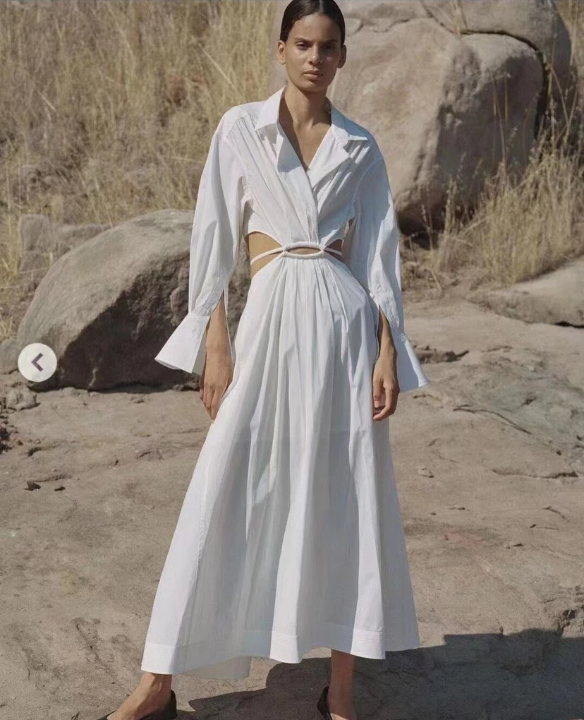 

Women New Long Sleeve Hollow Out Waist Backless Holiday Wear Long Cotton Dress
