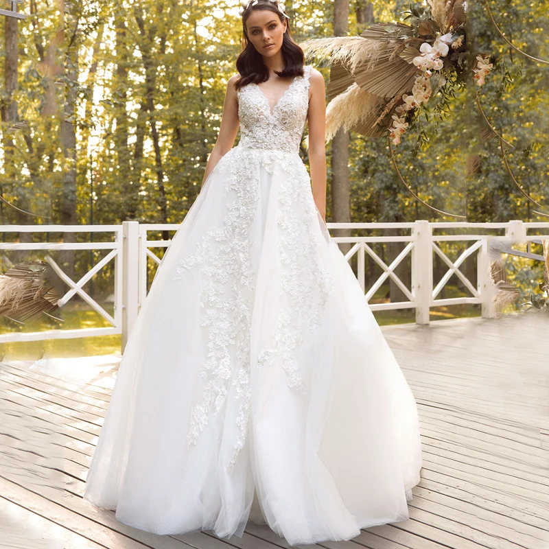 

2022 New Arrival V-Neck Appliques Lace See Through Bodice Backless A-Line Tulle Wedding Dresses Bridal Gowns Vestido De Noiva