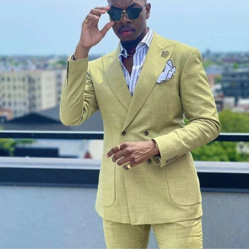 

Желтое льняное брикет для жениха, смокинг с двубортным приталенным блейзером для выпускного вечера, 2 предмета, Костюмный пиджак и брюки