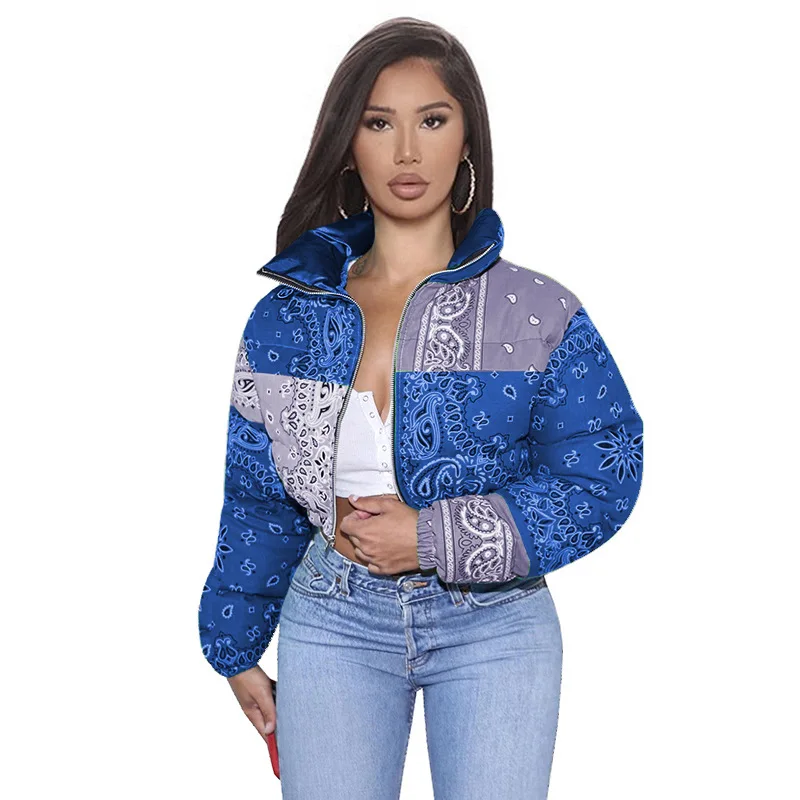 Women 2021 Winter Fashion Warm Parkas Casual Zipper Up Puffer Outerwear Bandana Coats Floral Printed Bubble Jackets for Female