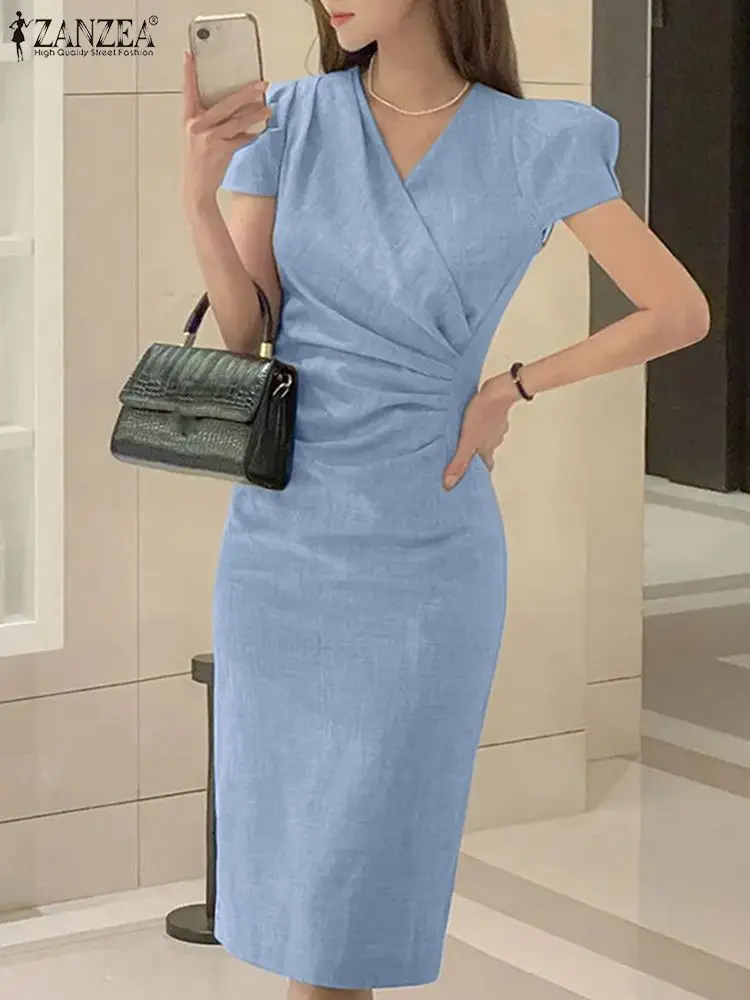 ZANZEA женский офисный сарафан летнее однотонное платье с короткими рукавами