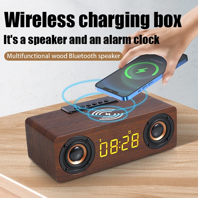 

3 IN1 Wireless Charging Clock Bluetooth Speaker with Time Display Wooden Card U Disk Computer Audio Table Clock Retro Clocks