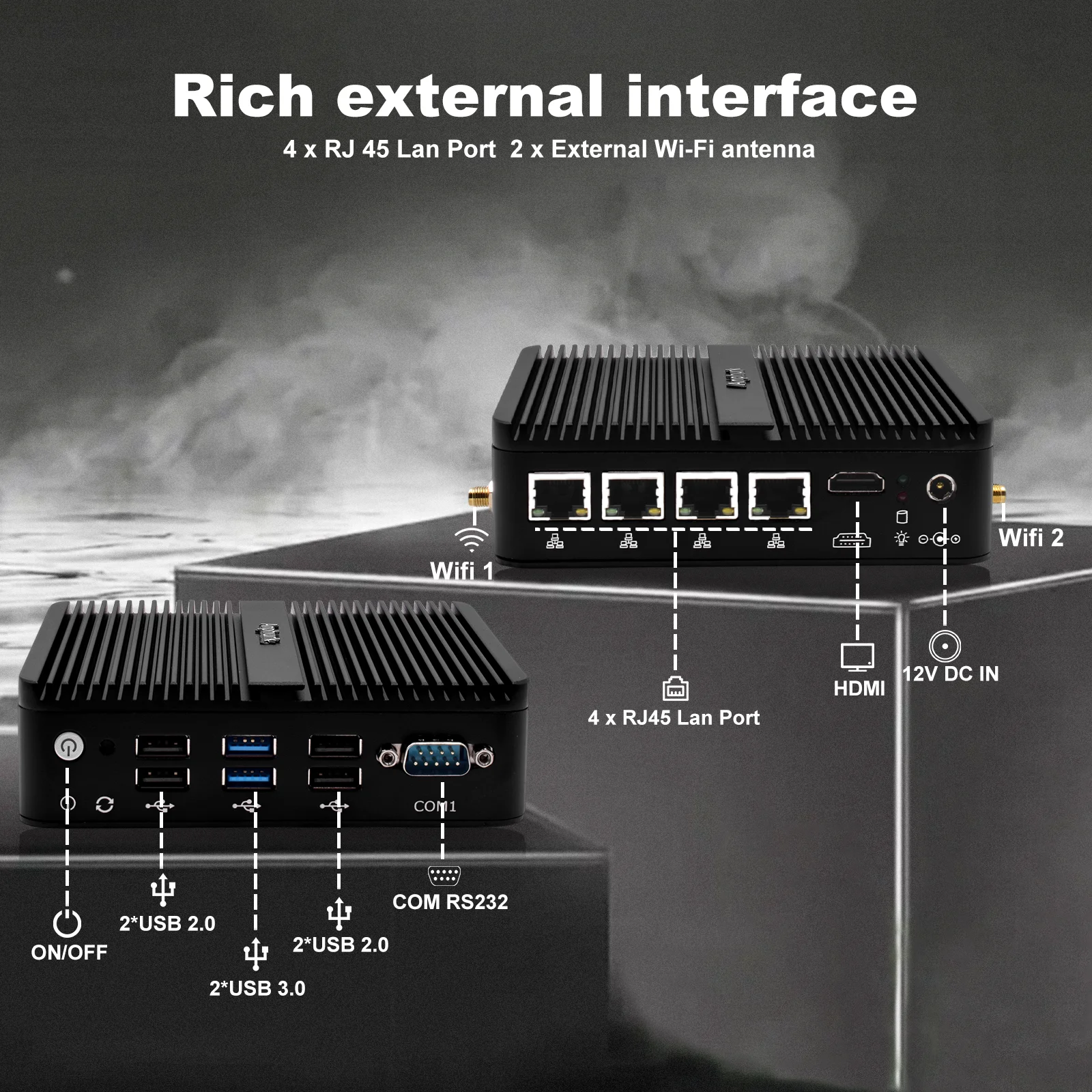 HYSTOU Firewall 4Lan Mini Computer Intel Celeron Quad Core DDR4 RAM SSD 128G Fanless Desktop 4K HD pfSense Windows10pro Linux PC