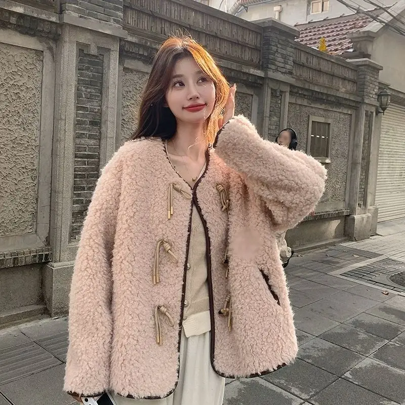 Korejpaa Розовое пальто с мехом ягненка Женская осенне-зимняя одежда Корейская мода