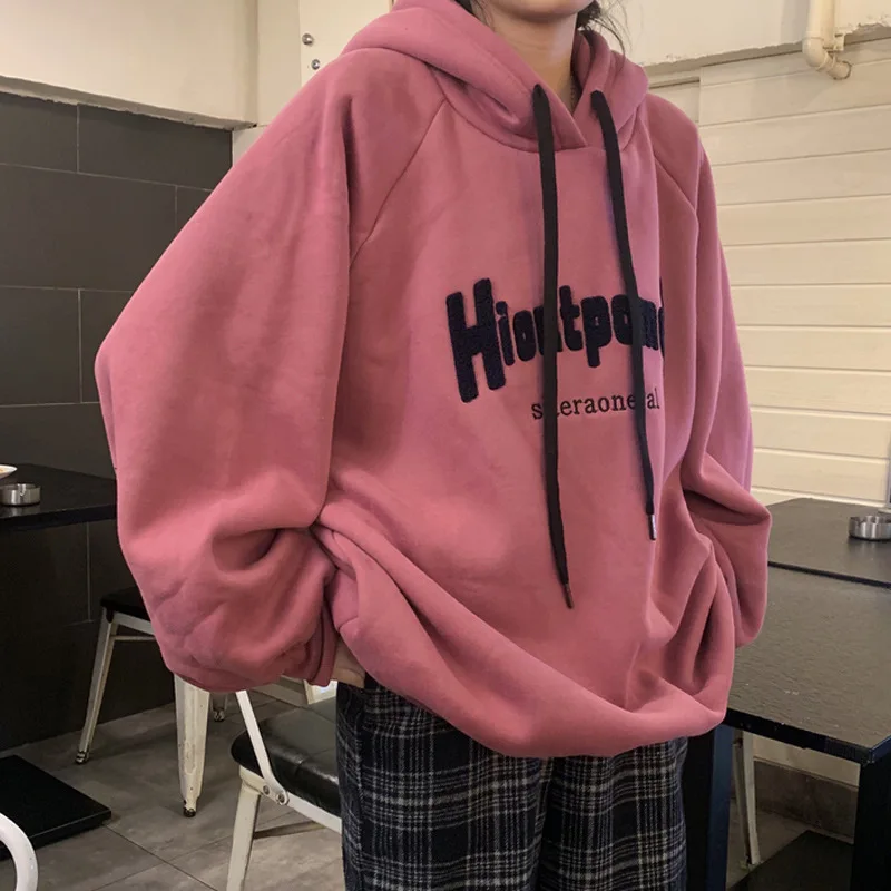 

Autumn and winter plush thickened oversize trend age reducing versatile letter embroidery cover with hood Women's sweater