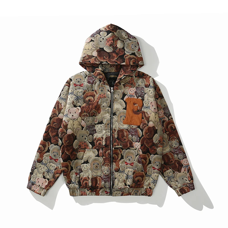 Mens Hooded Jackets Vibe Style Harajuku Oversize Loose Retro Autumn Coat Loose Hip Hop Tops Cartoon Letter Embroidery Streetwear