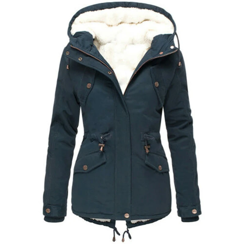 Winter Women Casual Parker Cotton Coat Jacket Solid Color Hooded Drawstring Padded Camping Zipper Coats Oversized Overcoats