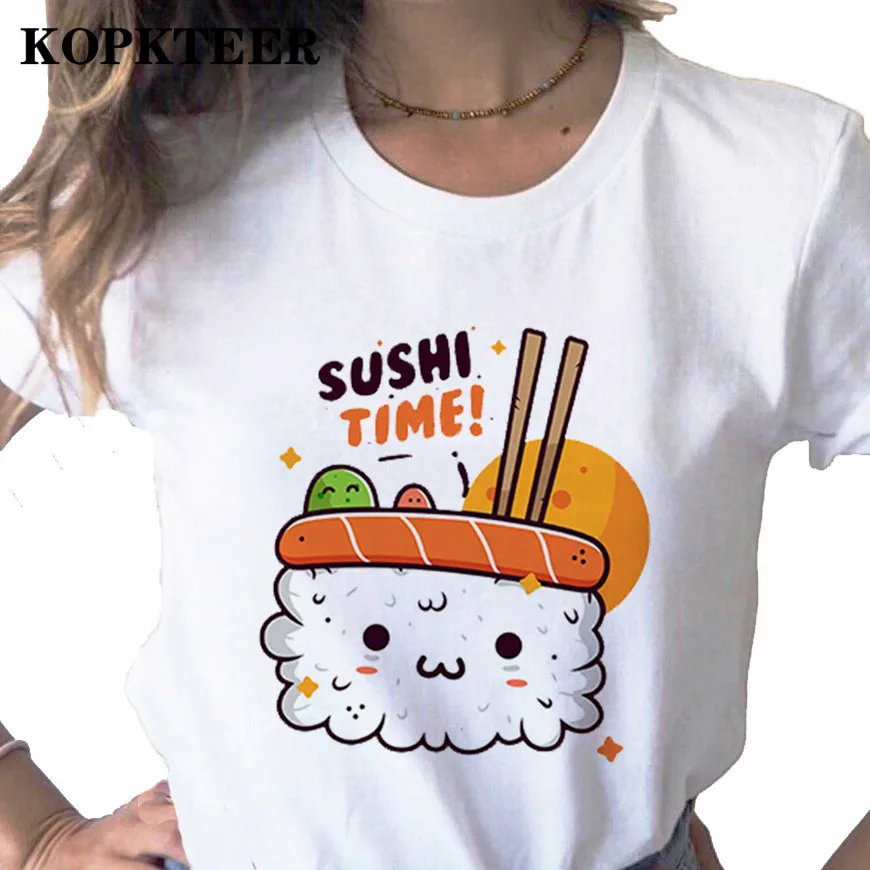 Summer 2022 New Lovely Sushi Print Ladies T-shirt Ladies Casual Basis O-collar White Japan style Short Sleeve Ladies T-shirt images - 6