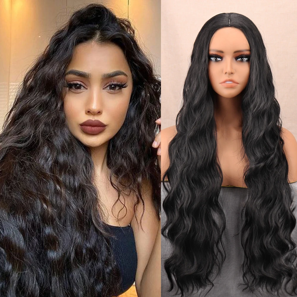 

Black Long Water Wave Wig Brown Gray Blue Pink Wigs Halloween Cosplay Wigs For Women Synthetic Hair Without Bangs