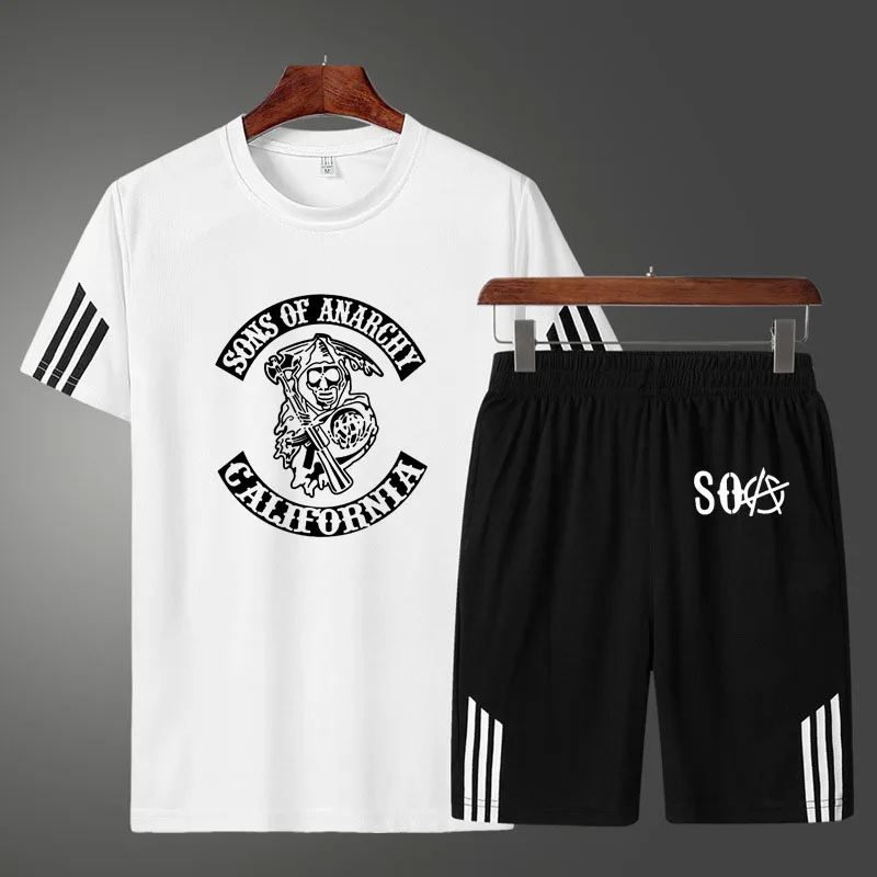

Casual Men's T-shirt SOA Sons of Anarchy Skull Printing Summer Cotton High Quality Men's short sleeve + shorts two-piece suit