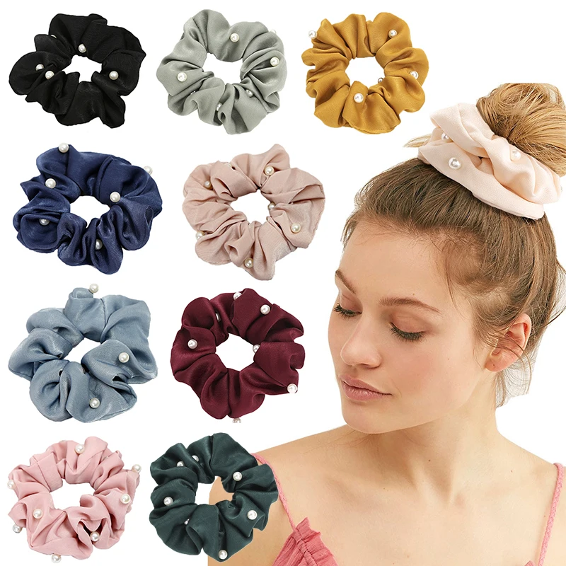 

New Korean Pearl Hairbands Fabric Hair Scrunchies Women Girls Ponytail Holder Hair Tie Solid Color Silky Satin Hair Accessories