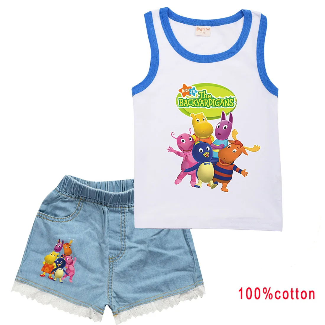 Cute Backyardigans Clothes Kids Sleeveless Tshirt+denim Short 2pcs Sportsuits Boys Summer Tracksuit Toddler Girls Casual Outfits