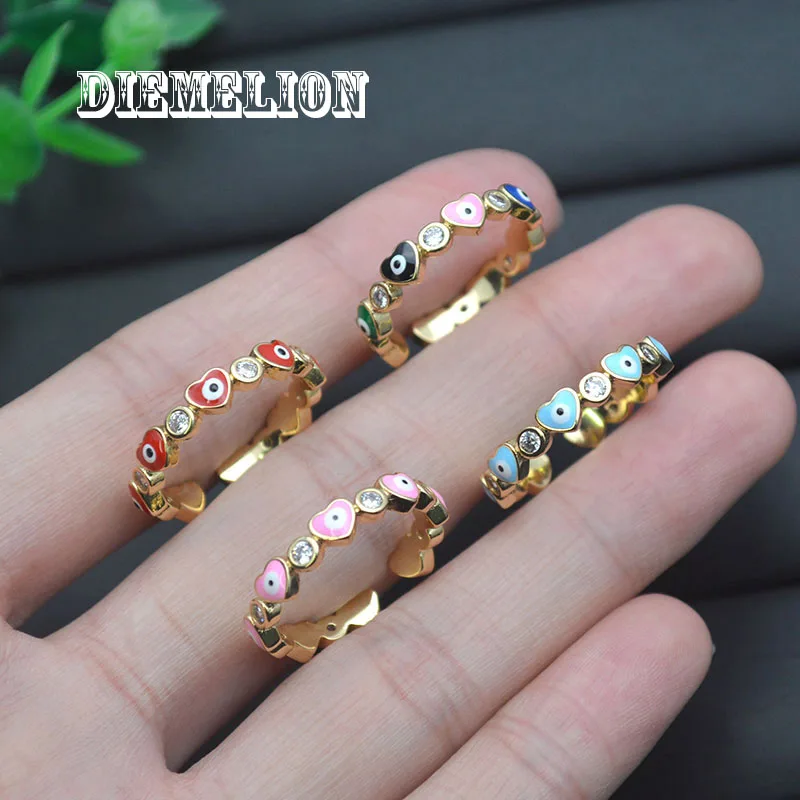 

Colorful Enamel Heart Shaped Evil Eye Rings for Women Inlaided White Zircon 14K Gold Plated Open Adjustable Finger Ring 5pc/lot