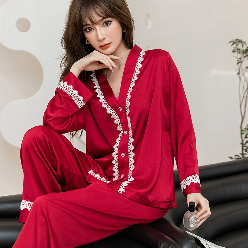 

Pajamas Lady 2PCS Shirt&Pant Palace Nightwear Sleepwear Rayon Nightgown Sleepwear Loose Pijamas Suits Buttons Home Clothes