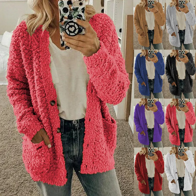 

Elegant Faux Fur Coat Women 2022 Autumn Winter Warm Soft Button Fur Jacket Female Plush Overcoat Pocket Casual Teddy Outwear