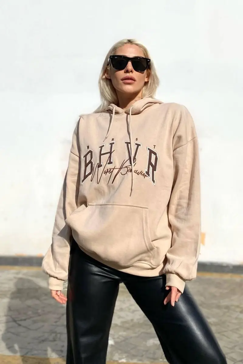 

Beige hooded Bhvr printed cotton women Sweatshirt
