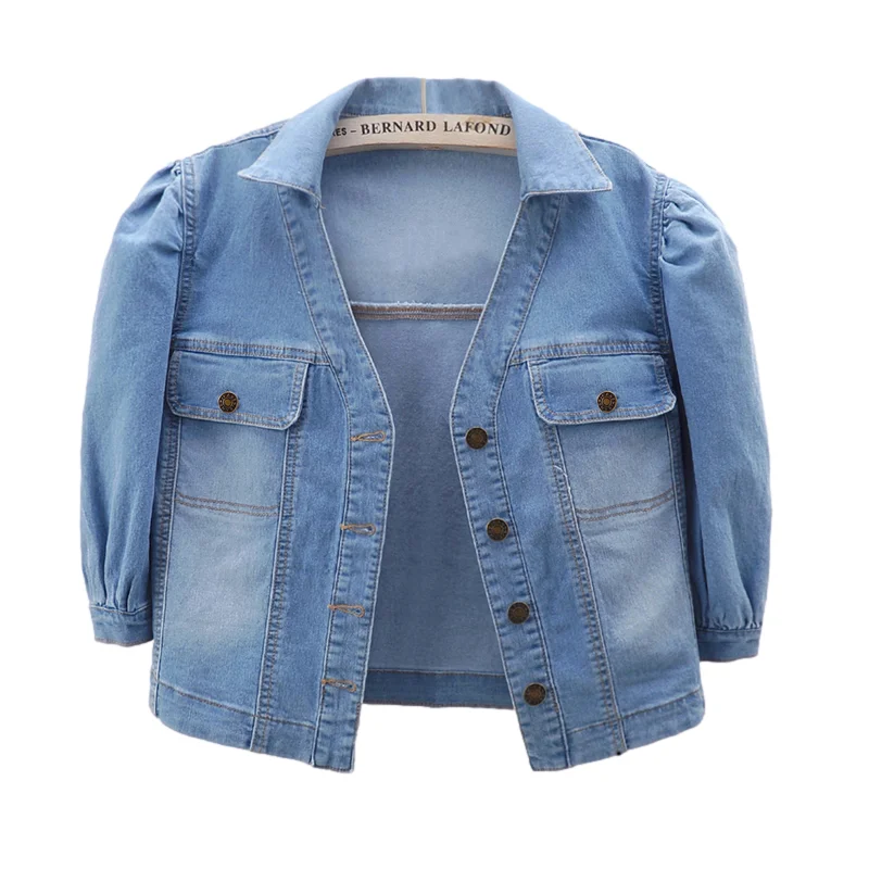 

Vintage Wash Blue V Neck Big Pocket Denim Jacket Women Slim Short Cowboy Outerwear Three Quarter Sleeve Jeans Jacket Coat Female