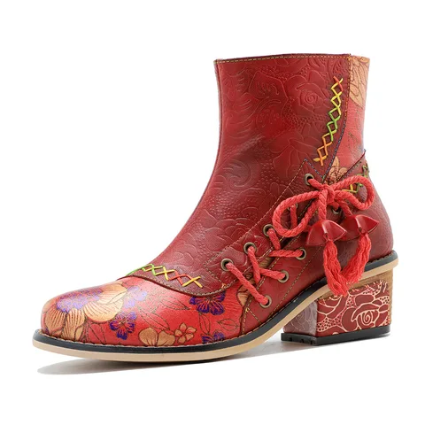Женские Винтажные ботинки из натуральной кожи Johnature, красные ботинки ручной работы со шнуровкой и принтом, короткие сапоги, Осень-зима 2024