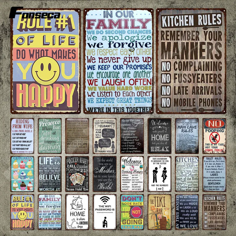 Правила кухни, семьи и ванной комнаты, металлический знак, цитата и слова, винтажная Жестяная Табличка, настенные наклейки, железная картина для домашнего декора