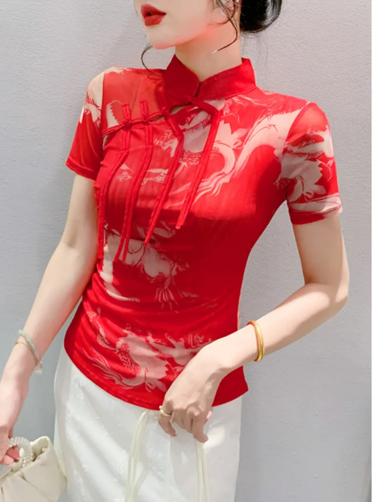 # 7136 Винтажная красная сетчатая футболка с принтом женская воротником-стойкой в