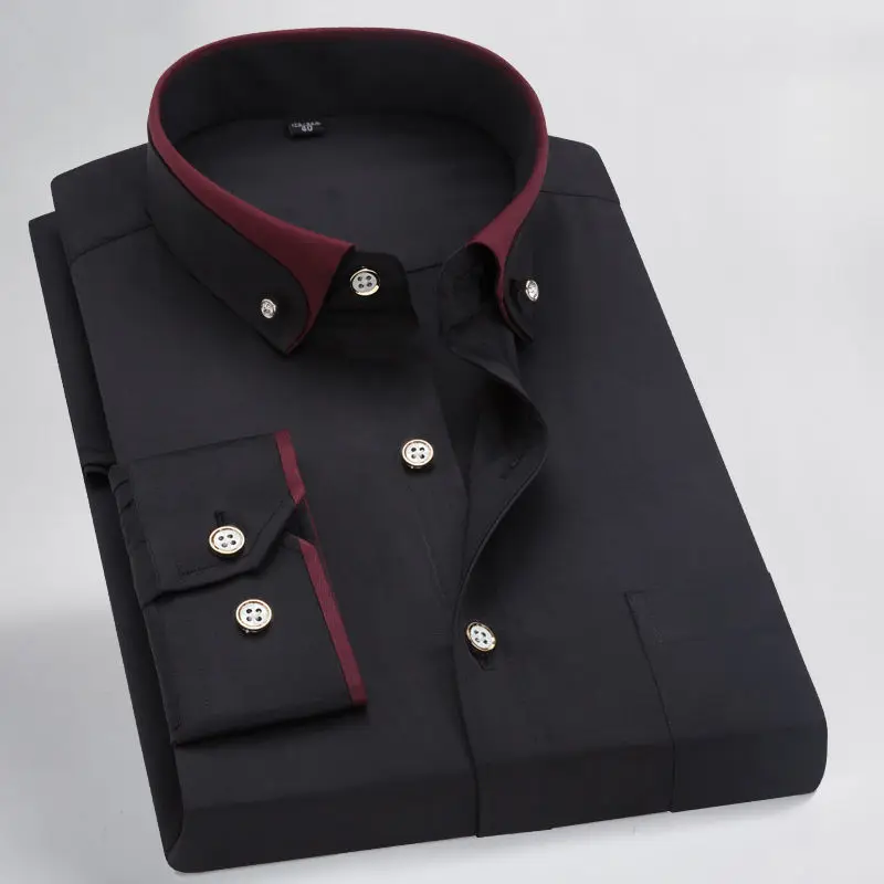 Men's Double Collar Shirt Long Sleeves Formal Classic Business Dress Shirt Black Casual Slim Fit Breathable Non-Iron Korean