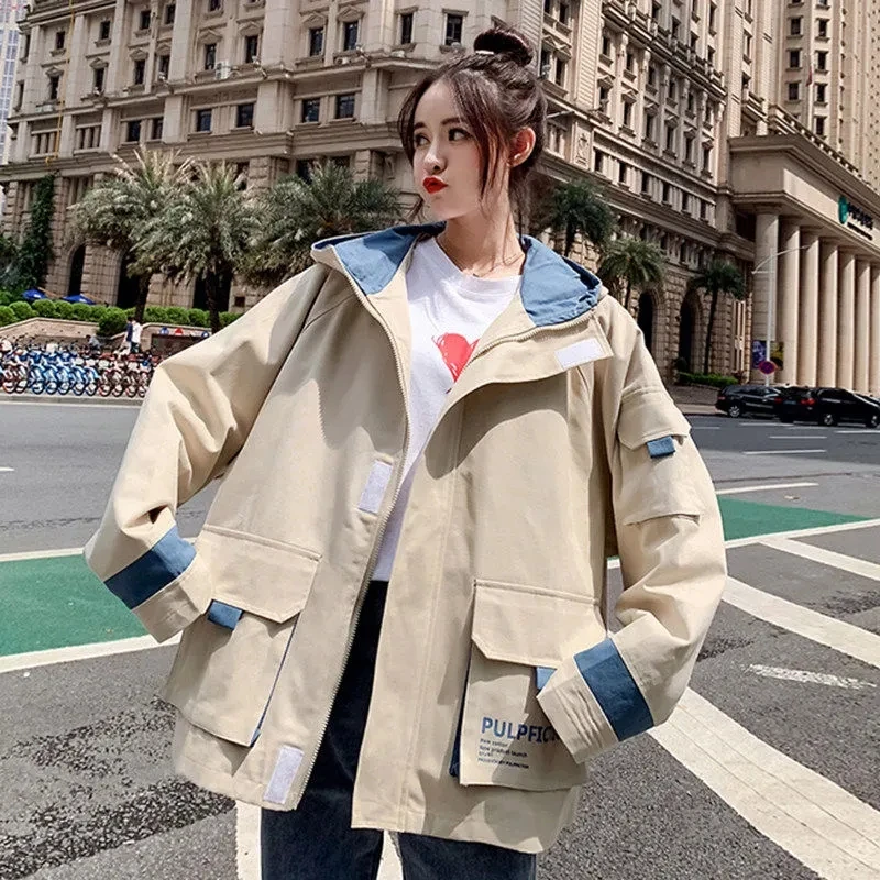 

New Spring Autumn Tooling Jacket Female 2022 Ins Harajuku Top Coat Female Trench Coat Korean Loose All-match Women Windbreaker