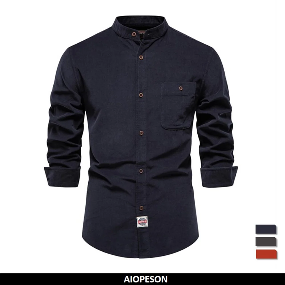 

new Men's Corduroy Shirt 100% Cotton Pocket Stand Collar Business Shirt Solid Color Casual Autumn Slim Social Shirt for Men
