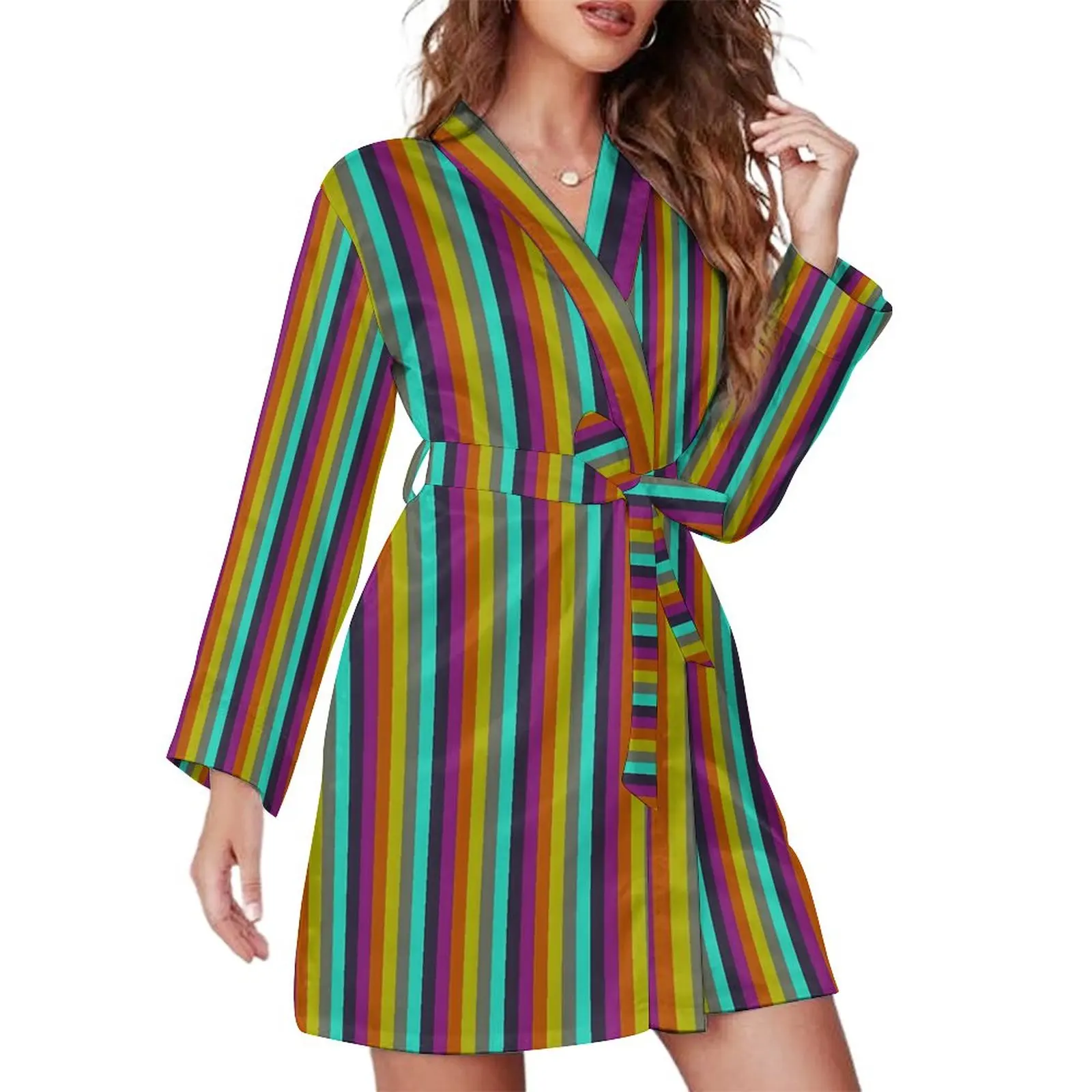 

Rainbow Striped Pajama Robe Colorful Print Long Sleeve Sexy Pajamas Robes Lady V Neck Casual Nightgown Autumn Printed Dresses
