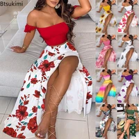 women summer long skirts suit with strapless crop tops 2pcs elegant women beach 2 piece set outfits sexy women tracksuits female