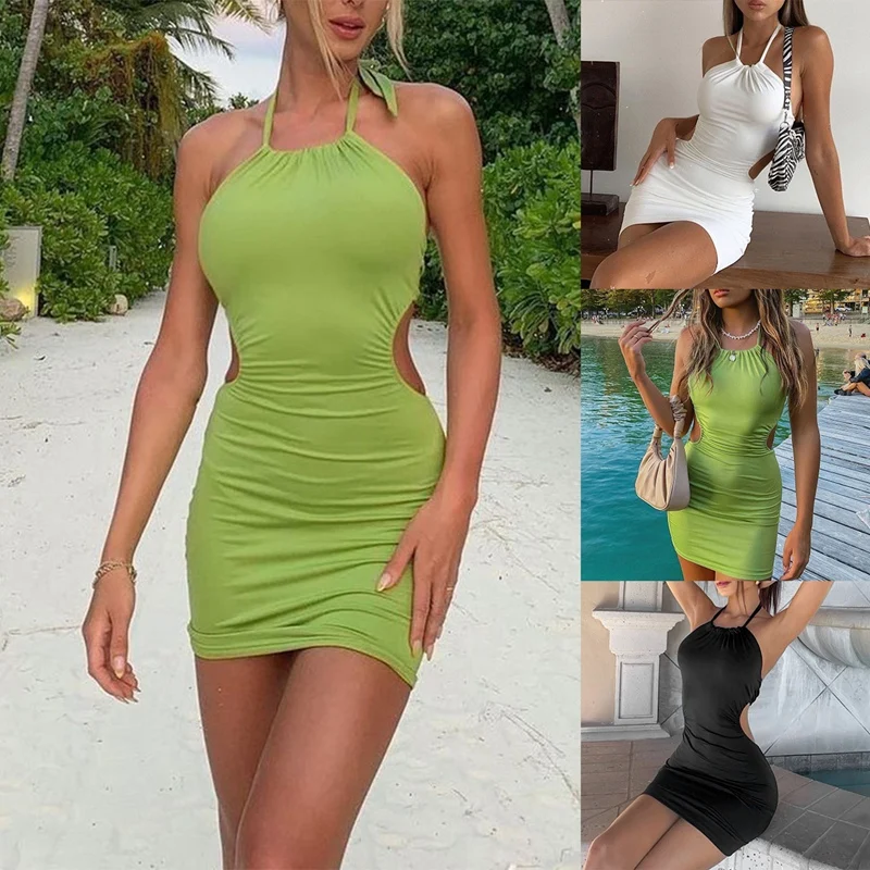 

Women's Solid Color Sleeveless Halter Neck Exposed Backpack Hip Sexy Dress