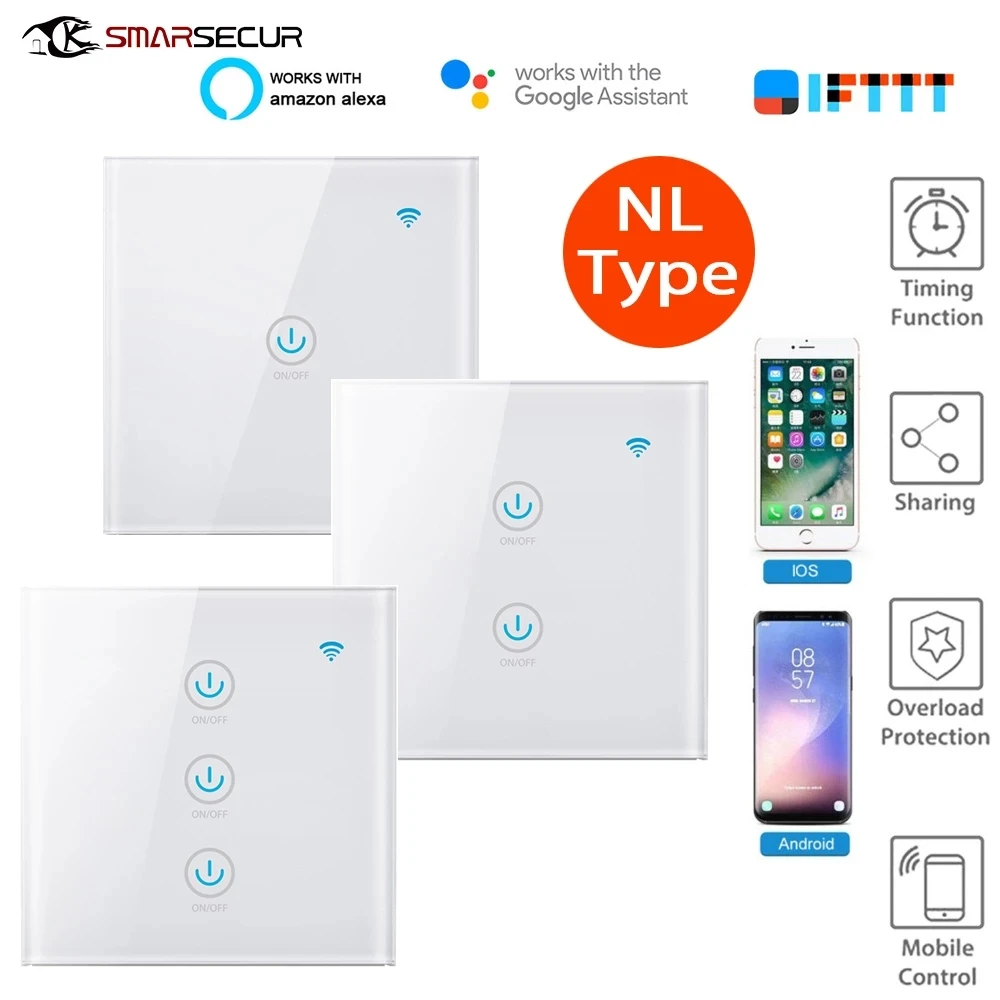 

Tuya EU Tuya/Smart Life NL type 1/2/3 Gang 1 Way WiFi Touch Switch for Google Home Alexa Voice Control