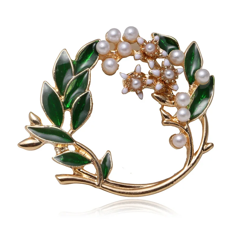 

Plant Green Enamel Pearl Round Brooches For Women Vintage Party Office Brooch Pins New Year Gifts Lady Accessories