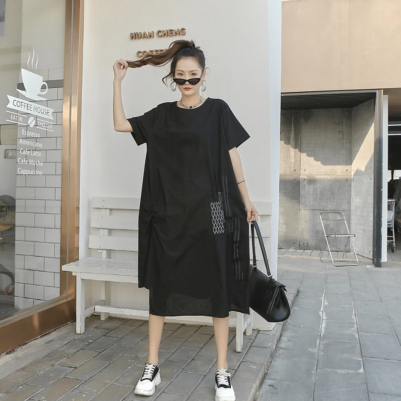 

220325 Vintage Casual T-shirt Dress Loose Fashion Irregular Folds Splicing Hem Simplicity Contrast Color Patchwork Dress