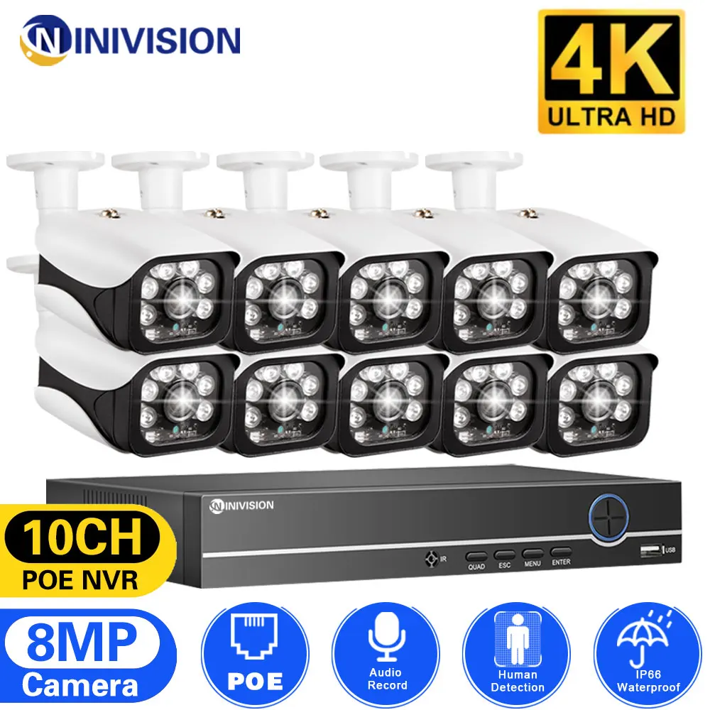 

10CH Ultra HD POE IP Security Camera System NVR Kit 4K 8MP Audio OutDoor Bullet Indoor Human Detection Video Surveillance Set