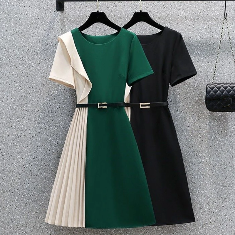 

2022 Summer New Women's Fashion Midi Dresses Korean Office Lady Graceful Ruffles Patchwork Green Dresses Elegant Waistbelt Dress