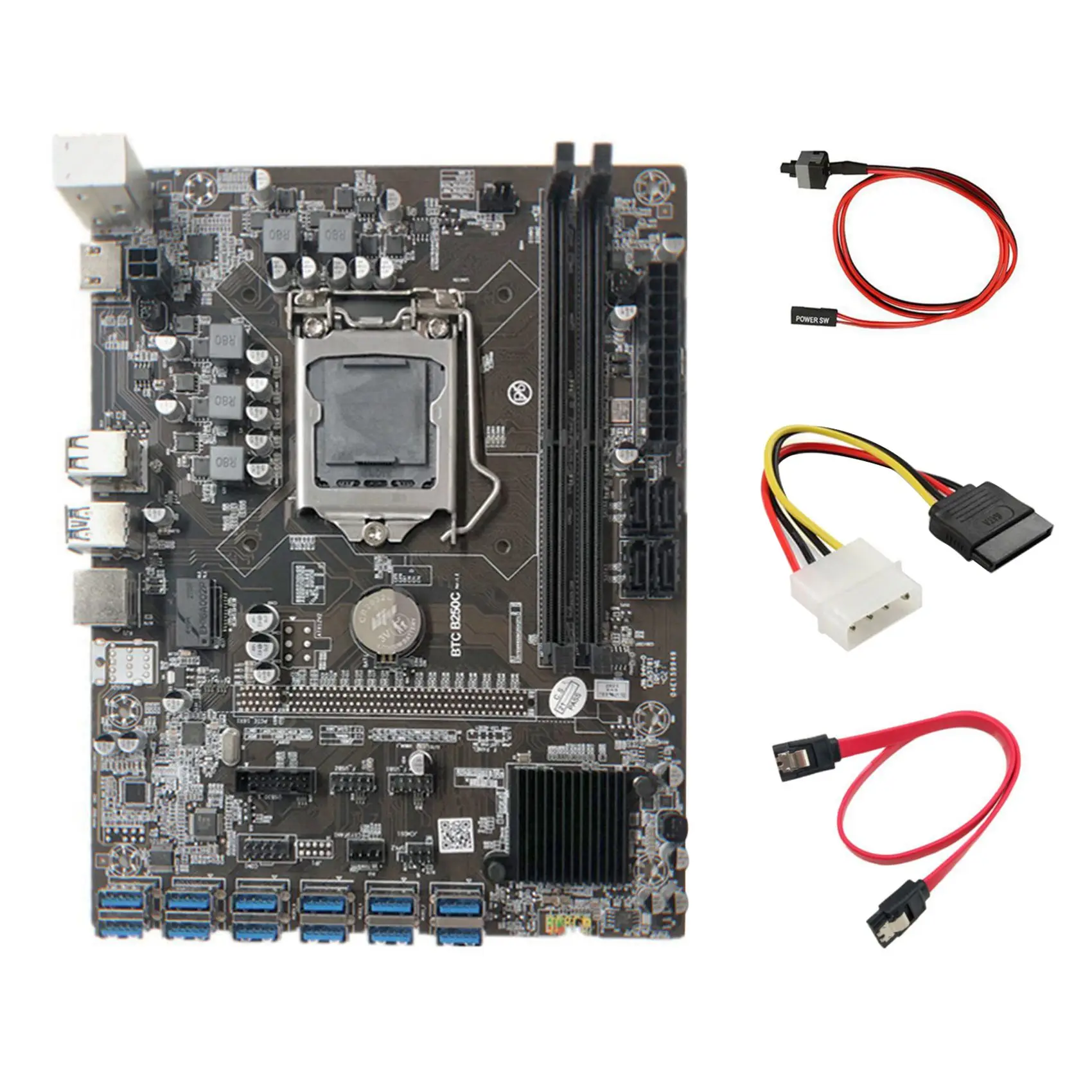 

B250C Mining Motherboard with 4PIN IDE To SATA Cable+Switch Cable+SATA Cable 12 PCIE To USB3.0 GPU Slot LGA1151 for BTC